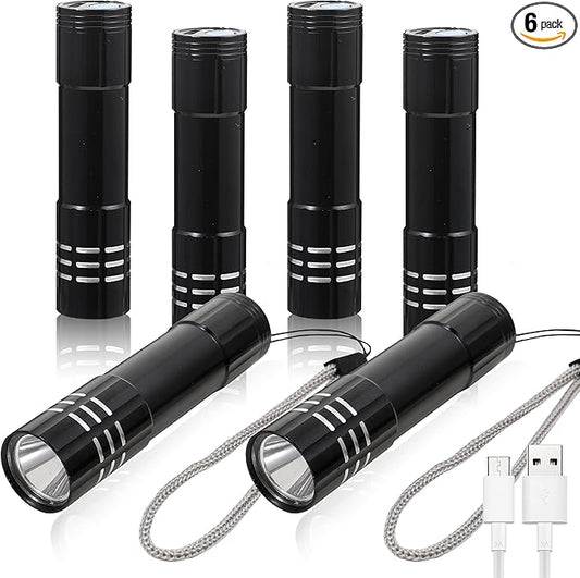 6 Pack LED Aluminum Small Mini USB C Rechargeable Flashlights, Handheld Small Flashlight Bulk for Kids, Portable Camping Bright High Lumens Flashlight Christmas Gifts (Black)