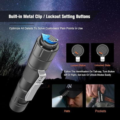 FZH S21 Rechargeable LED Flashlight 880 Lumen Mini EDC Tail Switch Flashlight (Powered by USB Rechargeable Battery), Slim Pocket Flash Light with On/Off Locking Mode for Camping, Outdoor, Emergency