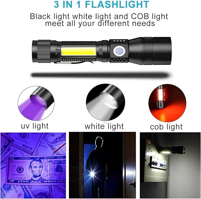 Karrong UV Flashlight Rechargeable, Black Light Flashlights, 2000lm Pocket-Sized LED Torch with Clip, Water Resistant, 7 Modes for Pet Clothing Detection/Emergency/Camping 2pack