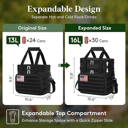 Lifewit Double Deck Tactical Lunch Box for Men, Expandable Leakproof Insulated Large Lunch Cooler with MOLLE Webbing and Shoulder Straps, Heavy Duty Lunch Bag for Men Work Camping Picnic, 16L Black