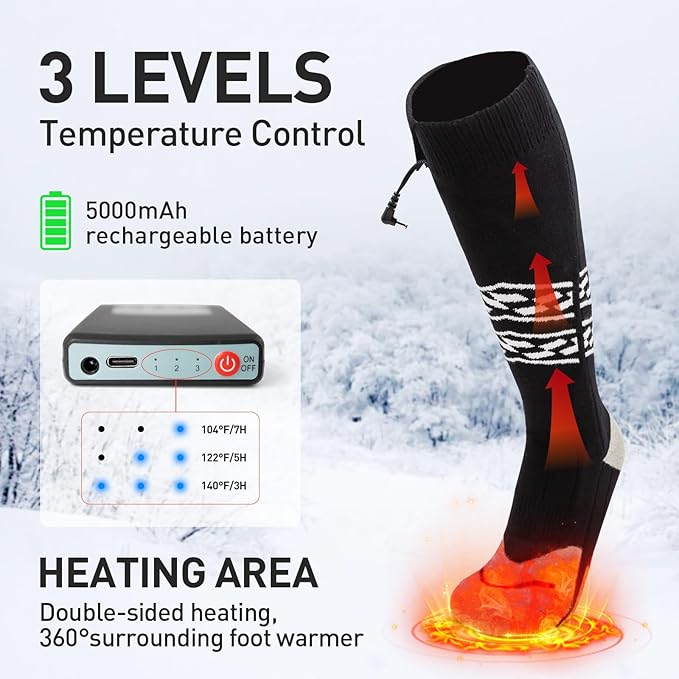 Heated Socks for Men Women,5000mAh Rechargeable Electric Heated Socks,Washable Unisex Winter Thermal Socks,Feet Warmers for Skiing Camping Hiking Hunting Outdoor