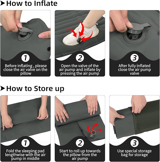 Inflating Sleeping Pad for Camping.4.5 in Thick Sleeping Mat .Compact Waterproof Camping Air Mattress with Pillow.Foot Pressure Inflatable Camping Pads for Backpacking & Hiking. (Grey), Gery