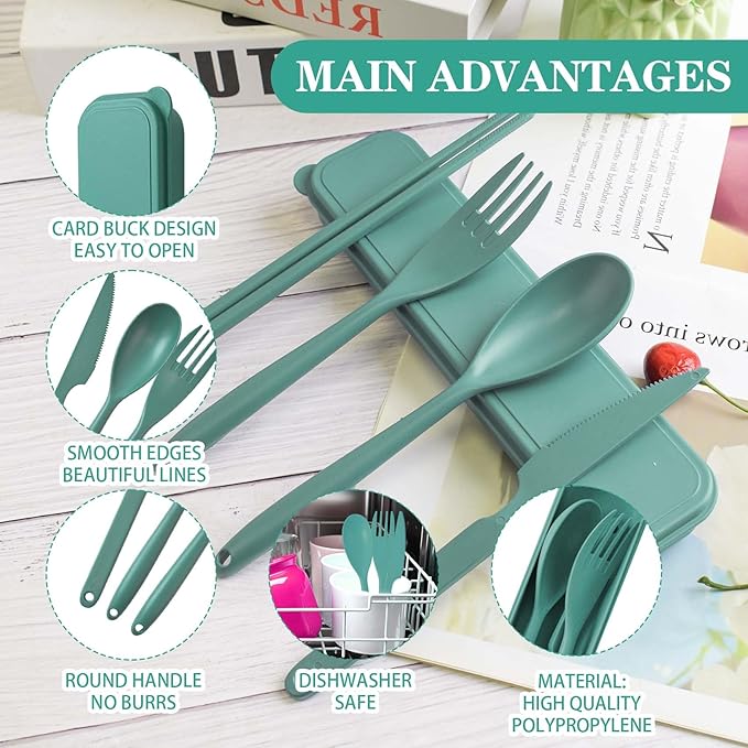 Large Reusable Travel Utensils Set with Case, Plastic Silverware Set for Adults Travel Picnic Camping, Portable Flatware Cutlery Set with Chopsticks for Daily Use(Dark Green)