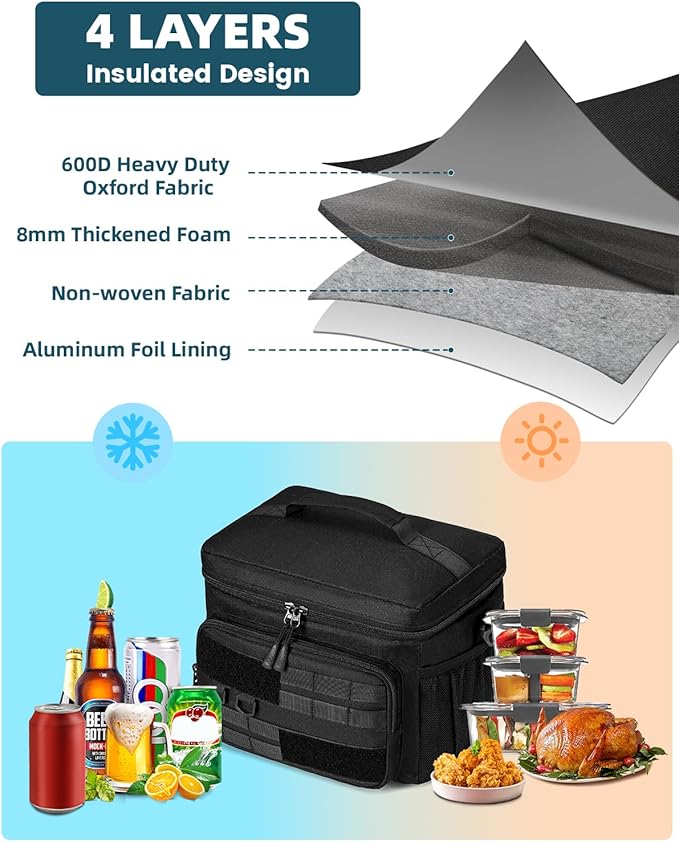 RalChyez Tactical Lunch Box, 13L Large Insulated Lunch Bag MOLLE Webbing Leakproof Thermal Cooler with Shoulder Strap Lunch Pail for Adult Men Women Office Work Camping Picnic Travel Black