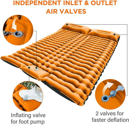 Double Camping Sleeping Pad, Self Inflatable 4'' Extra-Thick 2 Person Pillow Built-in Foot Pump Ultralight Sleeping Mat for Backpacking Tent, Hiking, Traveling-Orange