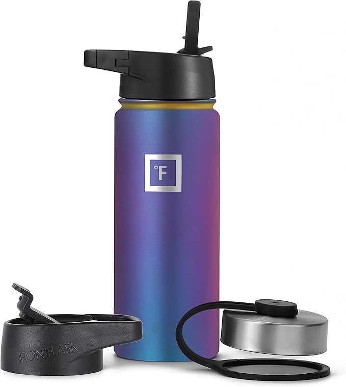 IRON °FLASK Camping & Hiking Hydration Flask, Wide Mouth, 3 Straw Lids, Stainless Steel Outdoor Water Bottle, Double Walled, Insulated Thermos, Metal Canteen - Aurora, 18 Oz