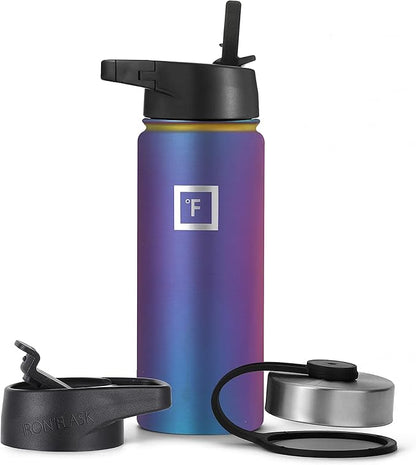 IRON °FLASK Camping & Hiking Hydration Flask, Wide Mouth, 3 Straw Lids, Stainless Steel Outdoor Water Bottle, Double Walled, Insulated Thermos, Metal Canteen - Aurora, 18 Oz