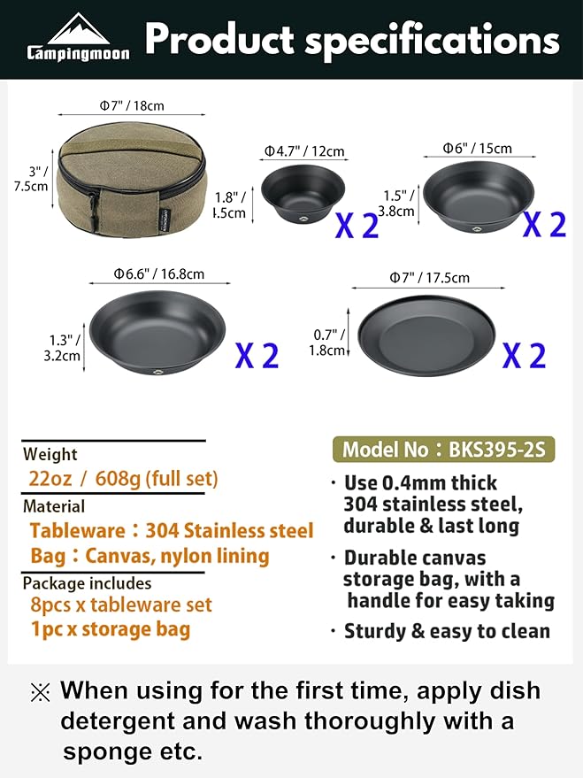 CAMPINGMOON Camping Plates 8pcs Black BKS395-2S
