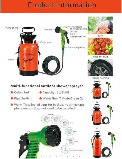 CLICIC 1.3 Gallon Pressure Sprayer with 7 Spray Modes, Camping Shower with Removable Hose and Shower Head, for Camping Outdoor Traveling Hiking and Pet Bath, 5L, Red