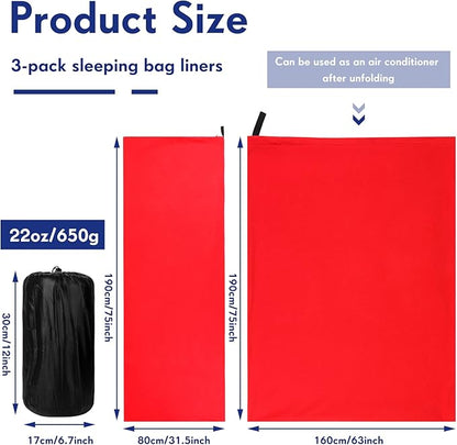 Mixweer 3 Pcs Fleece Sleeping Bag Liner for Adult Warm or Cold Weather 75" Adds 12 Degrees Fahrenheit More Warmth Zippered Camping Blanket Liner with Bag for Adult Travel