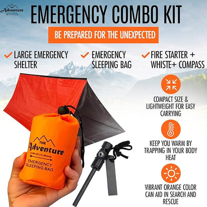 Emergency Sleeping Bag & Tent Shelter, Stocking Stuffer! Combo Prepper kit Survival Tent, Bivy Sack Tent, Sleeping Bag, Fire Starter + Whistle, Mylar Thermal Adventure Supply Co.