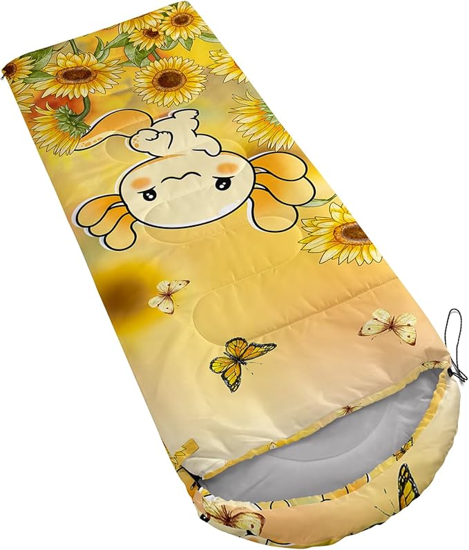 BSNTHO Sunflower Axolotl Printed Camping Sleeping Bag,3 Season Warm & Cool Weather,Lightweight,Waterproof Sleeping Bag for Adults & Kids,Traveling,and Outdoors,Camping Gear Equipment,31x90inch