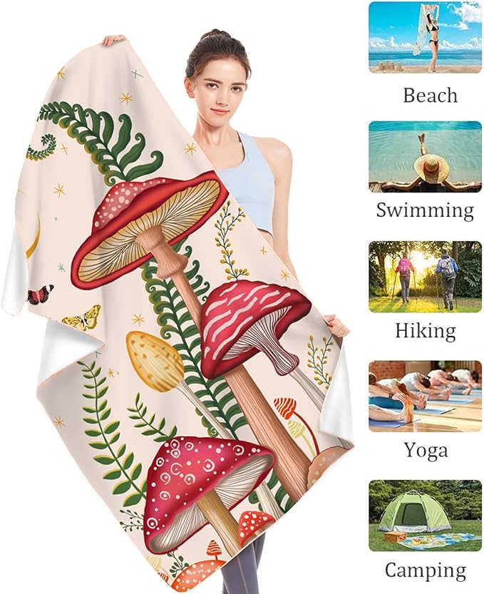 Microfiber Oversized Lightweight Terry Mushroom Beach Towel 71"x31.5" XL Extra Large Thick Sand Free Towels Travel Swim Pool Yoga Gym Camping for Women Men Beach Essentials Accessories Vacation Gift