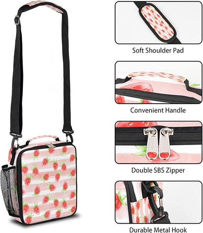 Fruit Strawberry Insulated Lunch Bag Girls,Kids Thermal Meal Cute Pink Stripe Reusable Lunch Box Children Waterproof Back to School Picnic