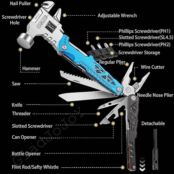 18-in-1 Adjustable Wrench Multitool Hammer, with 7-in-1 Camping Utensils Flatware Set, All-in-One Survival Camping Multi Tool, Hiking, and Everyday Use(Black)