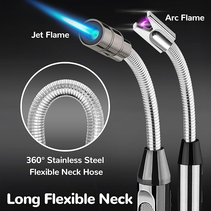 2 Pack Candle Lighter Electric Arc Long Lighter Flex Neck Utility Lighter Butane Torch Lighter Rechargeable USB Lighter Refillable Gas Jet Flame Windproof Lighter for Camping BBQ Grill Gas Stove