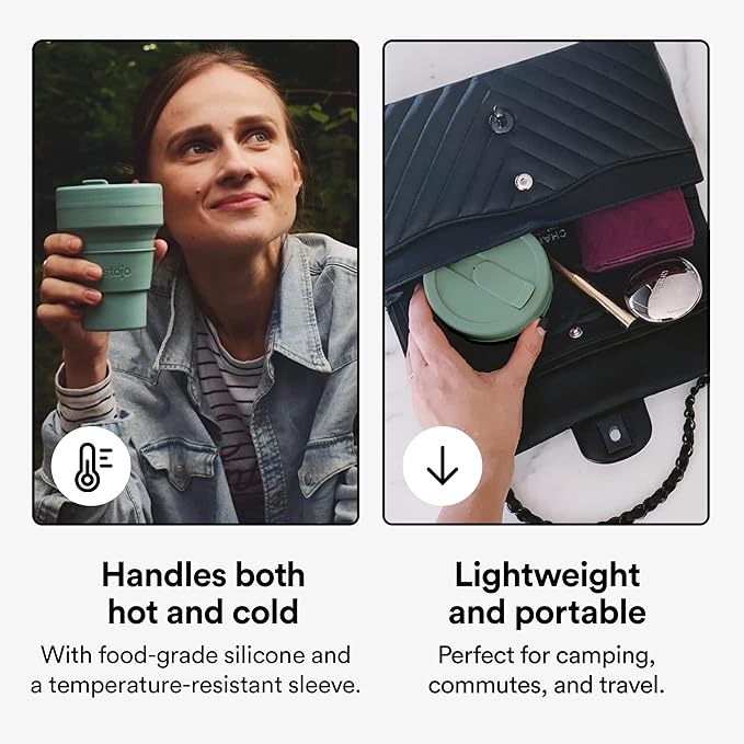 STOJO Collapsible Travel Cup - Eucalyptus, 12oz / 355ml - Reusable to-Go Pocket Size Silicone Cup for Hot and Cold Drinks - Perfect for Camping and Hiking - Microwave & Dishwasher Safe