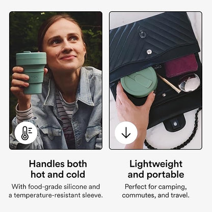 STOJO Collapsible Travel Cup - Eucalyptus, 12oz / 355ml - Reusable to-Go Pocket Size Silicone Cup for Hot and Cold Drinks - Perfect for Camping and Hiking - Microwave & Dishwasher Safe