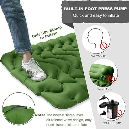MEETPEAK Camping Sleeping Pad with Pillow, Upgraded 4 Inch Thickness Inflatable Foot Press Camping Mat, Durable Waterproof Lightweight Sleeping Air Mattress for Hiking Backpacking Traveling