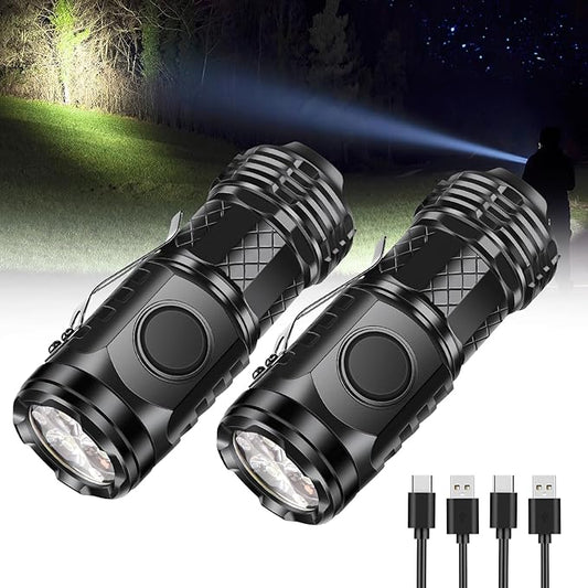 2 Pcs Mini Flashlight Rechargeable, Pocket Flashlight Super Bright 5 Modes, Powerful Mini Flashlight Portable Small LED Flashlight for Camping Outdoor