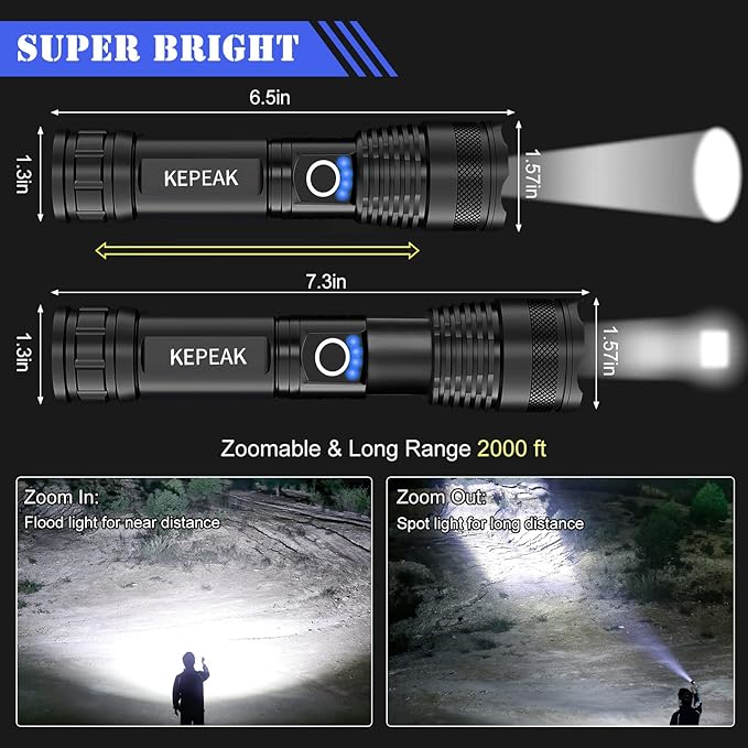 KEPEAK Rechargeable LED Flashlight High Lumens, Super Bright 10000 Lumens Tactical Handheld Flash Light, Water-Resistant, Zoomable, 5 Light Modes for Emergency, Camping