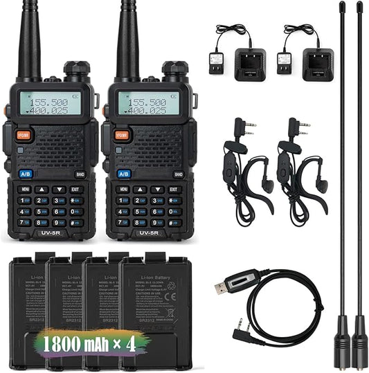 Ham Radio UV-5R 8W Radio 2 Pack, Long Range Handheld Ham Radio (UHF & VHF), UV5R Dual Band Two-Way Radio with Rechargeable 1800mAh Battery and Programming Cable