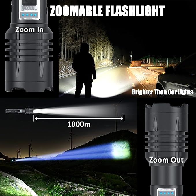 Rechargeable LED Flashlights high lumens,100000 Lumens Super Bright Tactical Flashlights,Waterproof Handheld Flashlight with 5 Mode,Built-in Battery,Zoomable for Emergencies Camping
