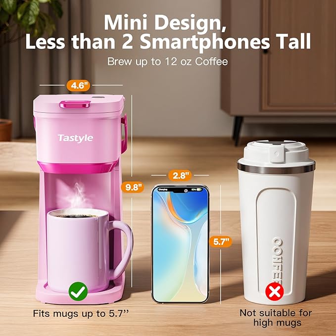 Single Serve One Cup Coffee Maker, for K Cups and Grounds, Mini Coffee Maker with Portable Handle, 6 to 12 Oz Brew Size, for Travel, Camping, Office, RV and Dorm, 120V, Dusty Rosa
