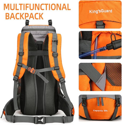 King'sGuard 60L Hiking Backpack Men Women Camping Backpack Waterproof Backpacking Mountaineering Climbing Daypack with Rain Cover (Orange)