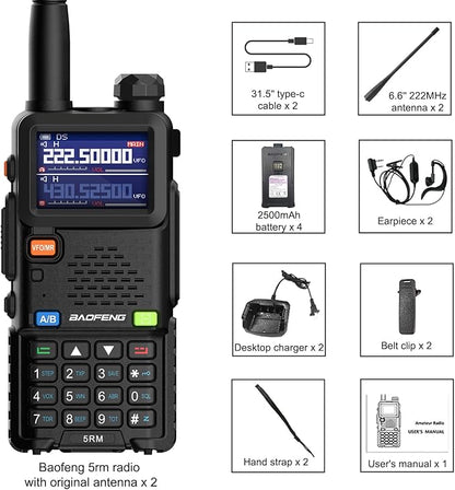 Ham Radio Handheld Baofeng Radio 5RM Upgraded of UV-5R High Power Long Range Walkie Talkies for Adults Multi-Band Two Way Radio NOAA Weather Copy Frequency USB C Charger 999CH Outdoor Hiking Camping