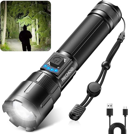 RECHOO Rechargeable Flashlights High Lumens, 10000 Lumens Tactical Flashlights, Super Bright LED Flashlight with 5 Mode & Zoomable, IP65 Waterproof Flash Light for Camping, Hiking, Emergency, Home