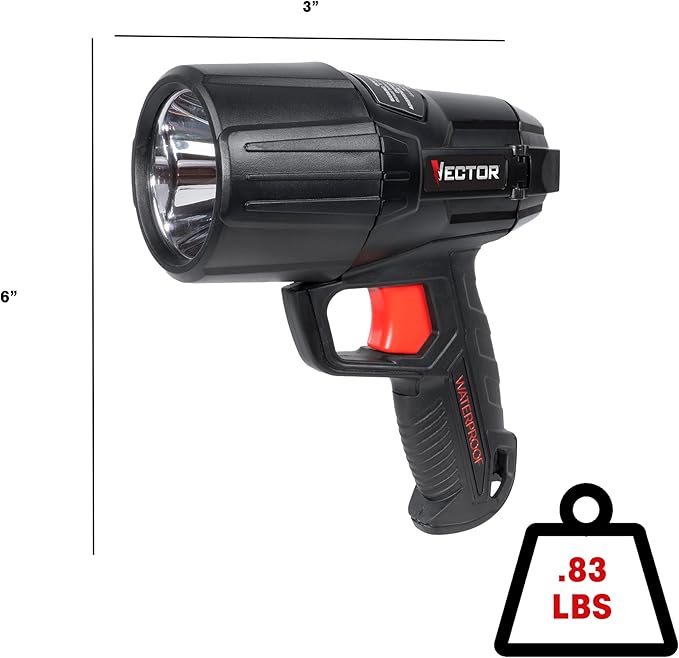 VECTOR LED Flashlight Spotlight, WPAK5V, Waterproof, 800 Lumens, Long Distance Light Beam, 6 AA Batteries Included