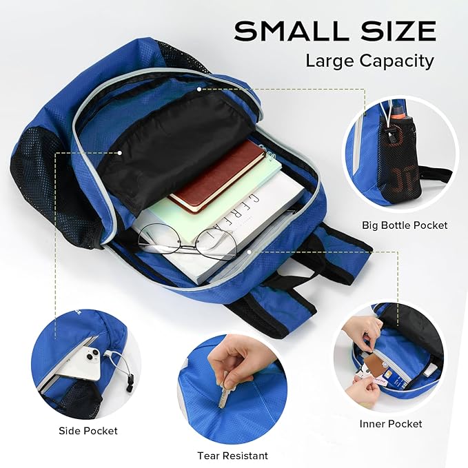 15L Highly Water-resistant Hiking Daypack, Small Backpack Travel Outdoor, Lightweight Day Pack with Tool Loops(Dark Blue)