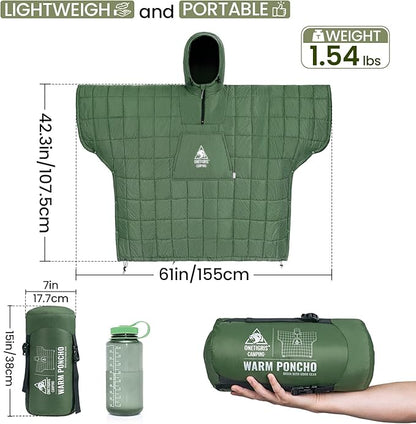 OneTigris Camping Blanket Honcho Poncho with 3M Thinsulate Insulation,Wearable Sleeping Bag Poncho for Camping Large Ultralight Water-Resisitant Warm Wearable Blanket for Outdoor Camping,Hiking
