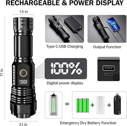 Flashlights High Lumens Rechargeable, 990,000 Lumens Super Bright Flashlight with LCD Digital Display, Zoom, 5 Modes, IPX7 Waterproof, Powerful Tactical Flashlight for Emergencies, Camping