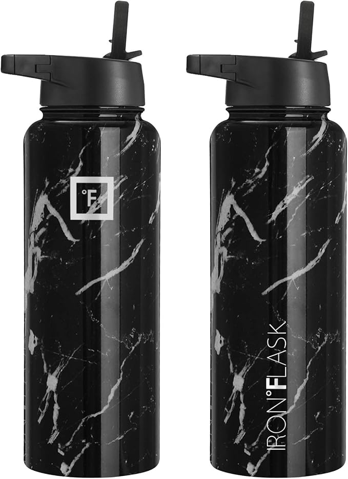 IRON °FLASK Camping & Hiking Hydration Flask, Wide Mouth, 3 Straw Lids, Stainless Steel Outdoor Water Bottle, Double Walled, Insulated Thermos, Metal Canteen - Black Marquina, 40 Oz