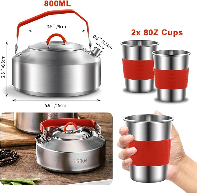 Camping Cooking Set,Camping Cookware Mess Kit,304 Stainless Steel Camping Pot and Pan Set with Kettle Cups Plates Forks Knives Spoons for Camping, Picnic, RVs for 2 People