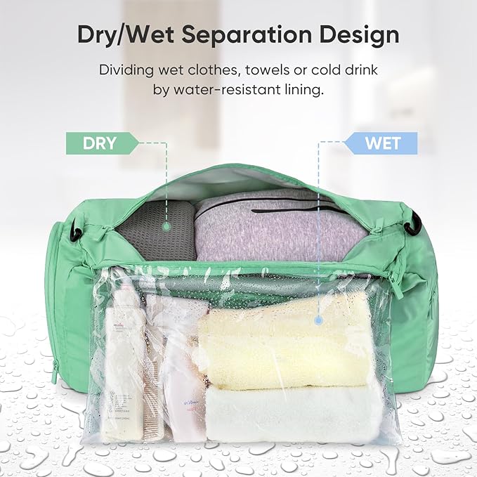 BALEINE Gym Bag for Women and Men, Duffel Bag for Sports, Gyms and Weekend Getaway, Waterproof Dufflebag with Shoe and Wet Clothes Compartments, Lightweight Carryon Gymbag (Green)