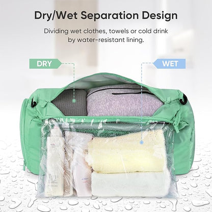 BALEINE Gym Bag for Women and Men, Duffel Bag for Sports, Gyms and Weekend Getaway, Waterproof Dufflebag with Shoe and Wet Clothes Compartments, Lightweight Carryon Gymbag (Green)