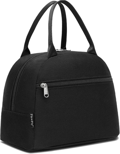 FlowFly Insulated Reusable Lunch Bag Adult Large Lunch Box Lunch Tote for Women and Men,With Front Pocket,Black