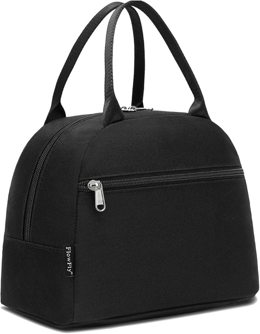 FlowFly Insulated Reusable Lunch Bag Adult Large Lunch Box Lunch Tote for Women and Men,With Front Pocket,Black