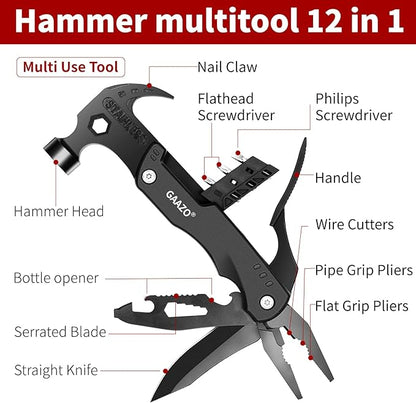 Multitool Camping Accessories, Stocking Stuffers for Men and Women, 12 in 1 Claw Hammer with Pliers Knife Saw Screwdrivers Bottle Opener Survival Gear for Camping Hiking Outdoor activities(Black)