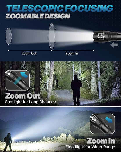 Flashlight 4 Pack, 5 Modes 2000 Lumen Tactical LED Flash Light, High Lumens Bright Waterproof Flashlights, Zoomable Flash Lights for Camping, Emergencies, Outdoor, Home, Gift for Men Adult