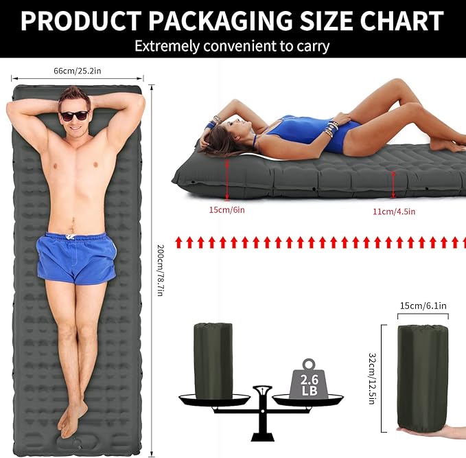 Inflating Sleeping Pad for Camping.4.5 in Thick Sleeping Mat .Compact Waterproof Camping Air Mattress with Pillow.Foot Pressure Inflatable Camping Pads for Backpacking & Hiking. (Grey), Gery