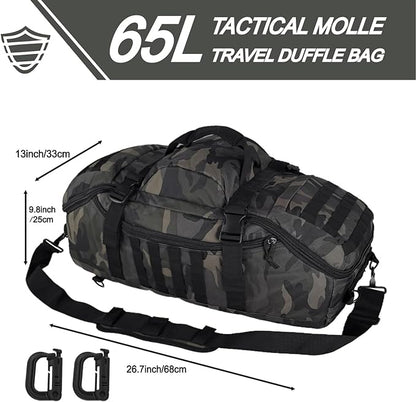 Travel Gym Duffle Bag Tactical, for Men Women Multi-functional Backpack, 3 in 1 Shoulder Bag Backpack Handbag for Sports Hiking Camping, Water Resistant & Easy Clean (Black Camo, 65L)