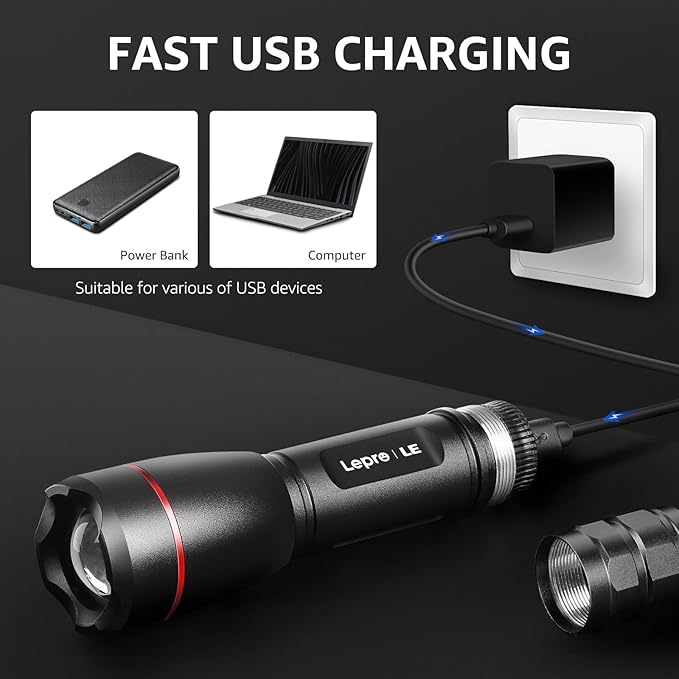 Lepro LED Rechargeable Flashlight, LP3000 High Lumens, Zoomable, Bright Flashlight, Waterproof, 5 Lighting Modes, Small Handheld Flashlight for Camping, Emergencies, USB Cable Included