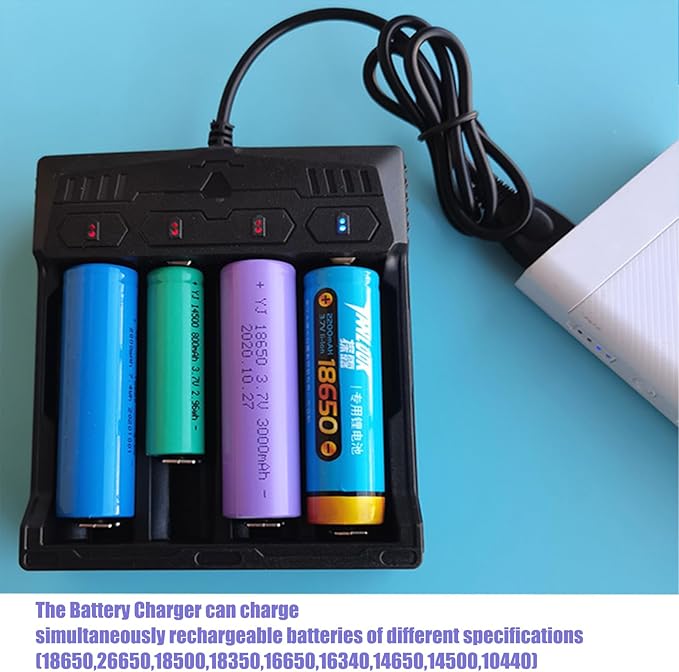 4 Pack 1￵8￵6￵50 Rechargeable Batter￵y W￵i￵th 18650 Battery Charger Bright Led Flashlight, Universal Charger for Rechargeable 3.7V Li-ion Batteries 18650 26650 14500 10440