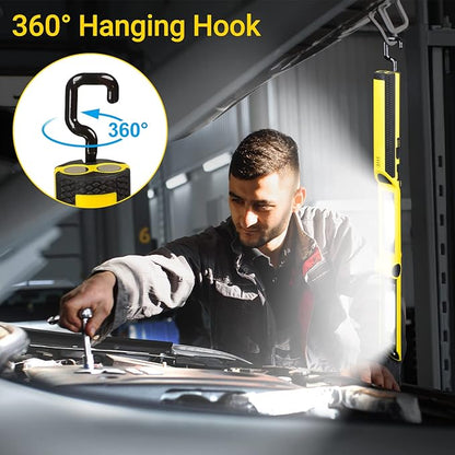 Work Light, Ropelux Rechargeable LED Work Light 1500 Lumens, Portable Flashlight 180° Rotate 3 Modes, with 3 Magnetic Base and Hook Mechanic Light, for Car Repairing/Under Hood/Emergency (Yellow)
