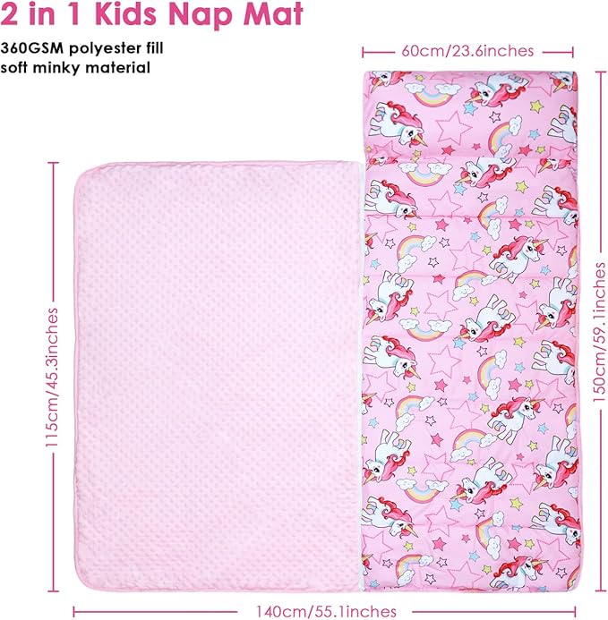 Kids Sleeping Bag Nap Mat with Removable Pillow and Blanket,Extra Thick Large 2 in 1 Slumber Bags for Boys Girls,Toddler Nap Mat for Preschool Daycare Travel Camping