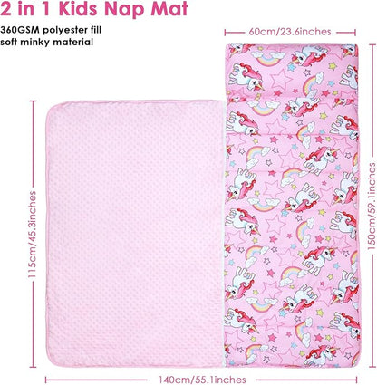 Kids Sleeping Bag Nap Mat with Removable Pillow and Blanket,Extra Thick Large 2 in 1 Slumber Bags for Boys Girls,Toddler Nap Mat for Preschool Daycare Travel Camping